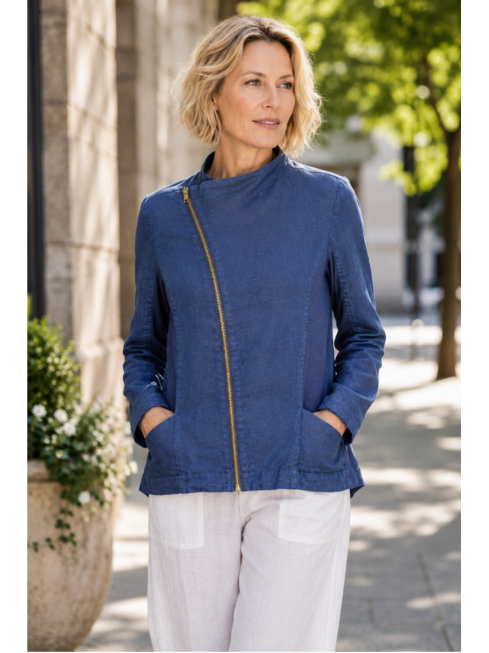 Linen Jacket Women’s S Amaryllis Moto Asymmetrical Zip Coastal Art Teacher Blue